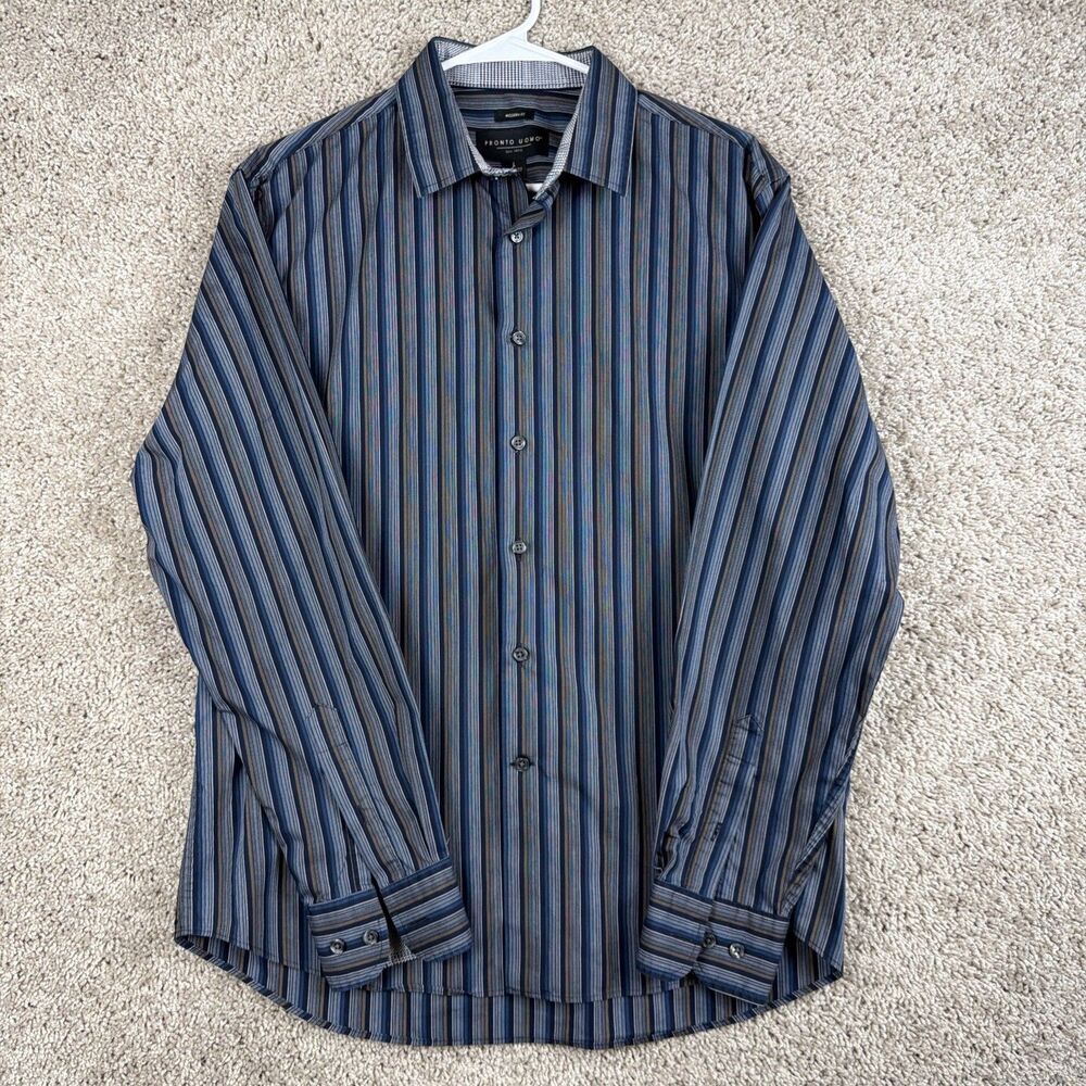 Pronto Uomo Non-Iron Button Up Shirt Mens Long Sleeve Black w Stripes Size L